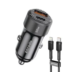 Porodo 50W Dual Port Car Charger PD 20W QC 30W with C to L Cable - Black